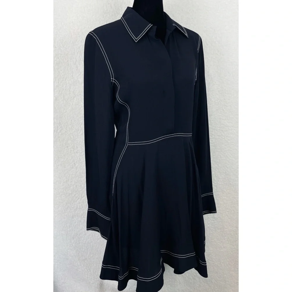 STELLA MCCARTNEY • 100% Silk Navy Contrast-Stitch Collared Mini Dress, S - Picture 9 of 16